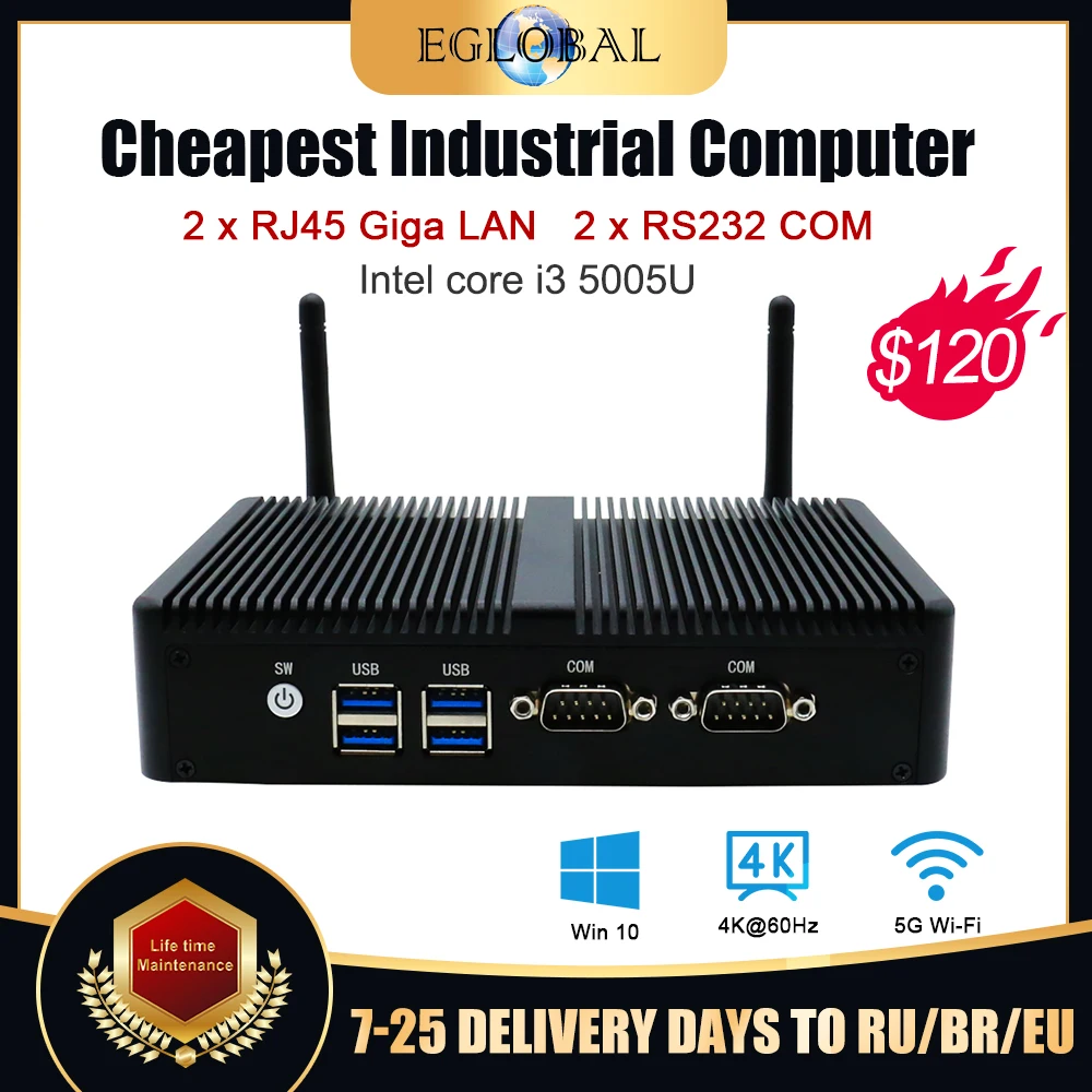 

Eglobal Cheapest Fanless Industrial Computer with Intel Celeron 2955U I5 4200U i3 5005U Mini Pc 2RS232 Com 2 LANS Mini Desktop