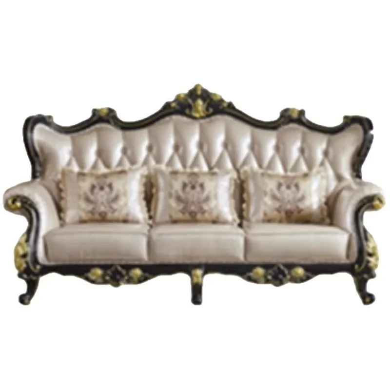 European solid wood sofa high-end ebony living room combination double single engraved pattern leather art complete furniture