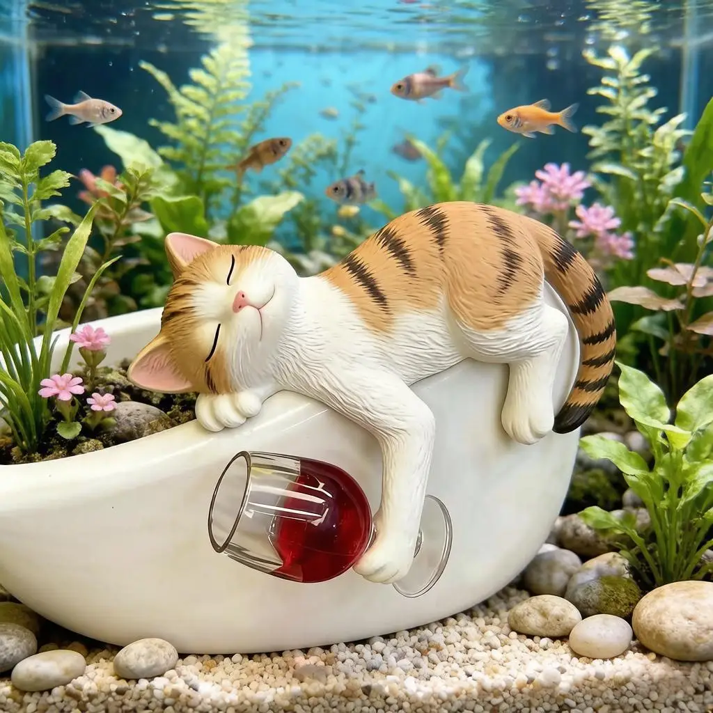 Cute Cat Drinking Red Wine Resin Crafts Car Statues Desktop Ornaments Gifts Outdoor Gardening Decor for Courtyard Balcony Garden