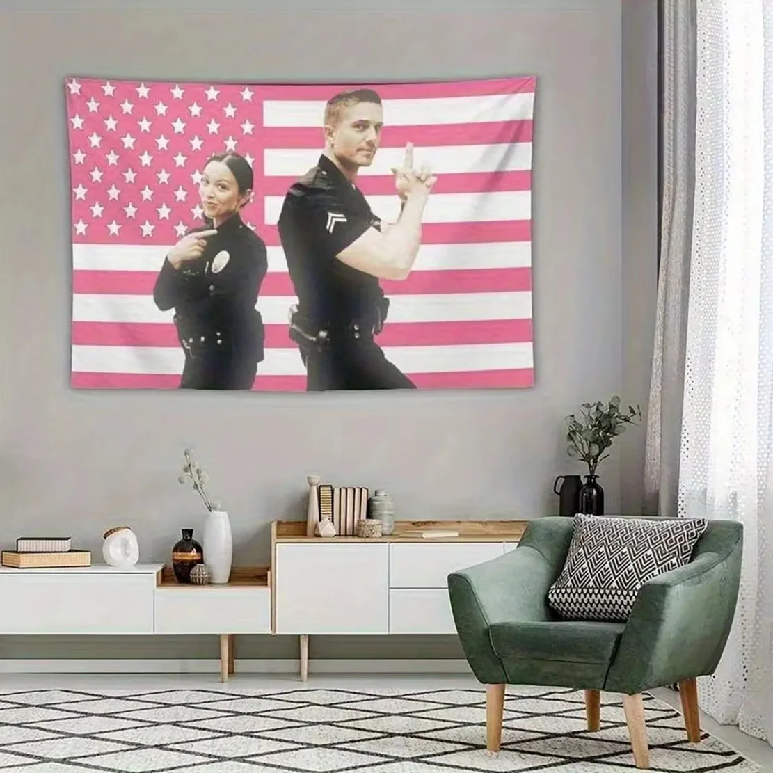 1 Pc The Rookie Tapestry Poster | Lucy Chen & Tim Bradford Print with Pink American Flag Background, Eric Winter Wall Decor