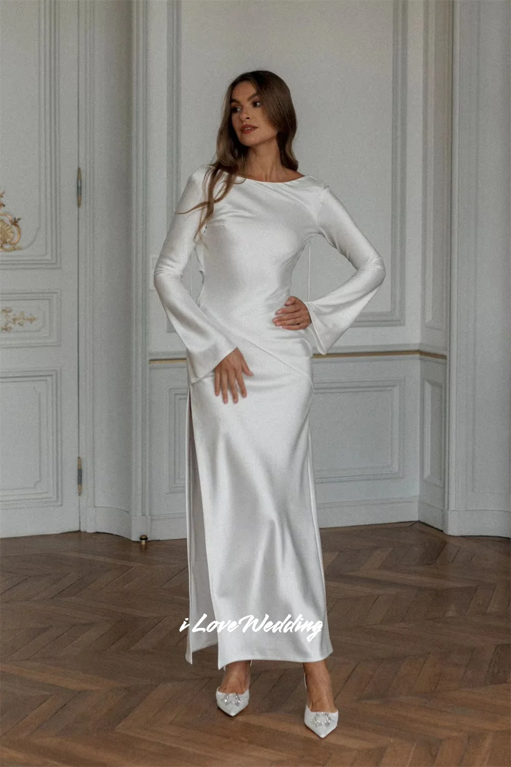 

Simple Backless Mermaid Long Sleeve Prom Dresses Side Split Wedding Dresses Ankle-Length Vestidos De Noche Pleated Customized
