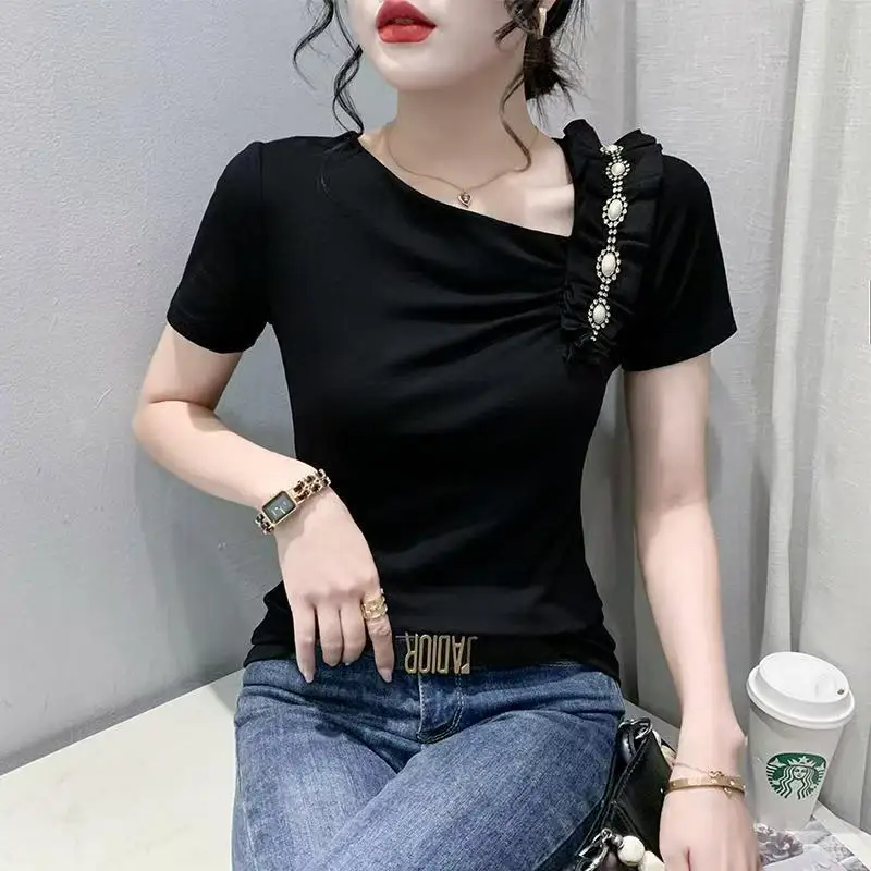 Elegant V-Neck Short Sleeve Beading Blouse 2025 Summer New Korean Pullovers Tops Solid Color Office Lady Shirt