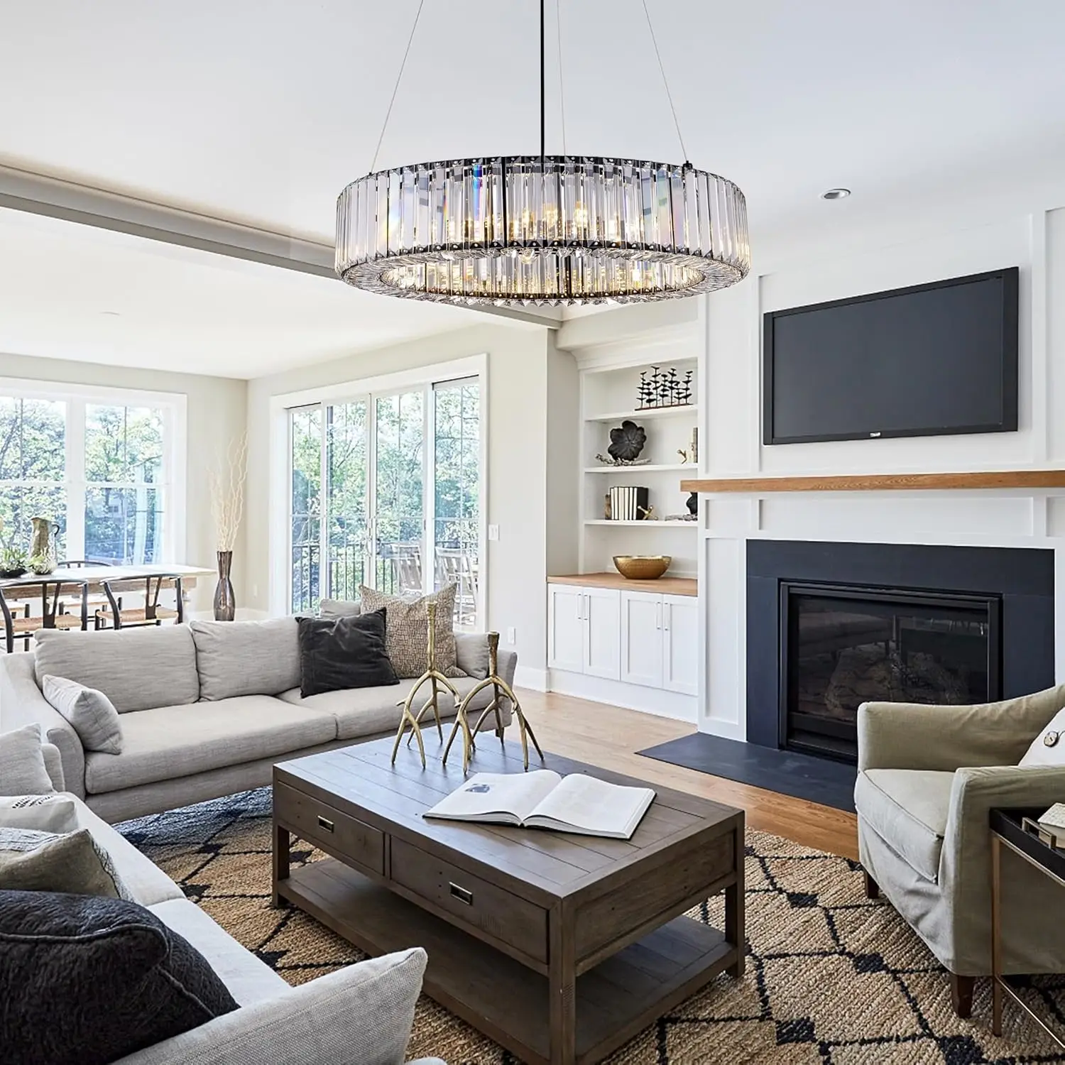 

Modern Round Crystal Chandelier For Hallway Foyer Entryway Kitchen Table Island Black Drum Hanging Lamp Pendant Light