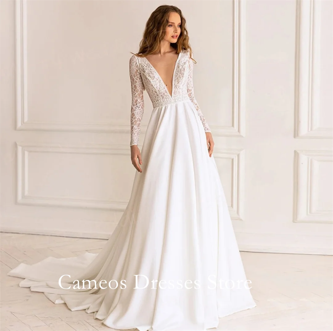 

SONDR Customized Long Sleeves Deep V-Neck Wedding Dresses Satin Lace Elegant Sweep Train Brides Gowns Women Bridal Dresses