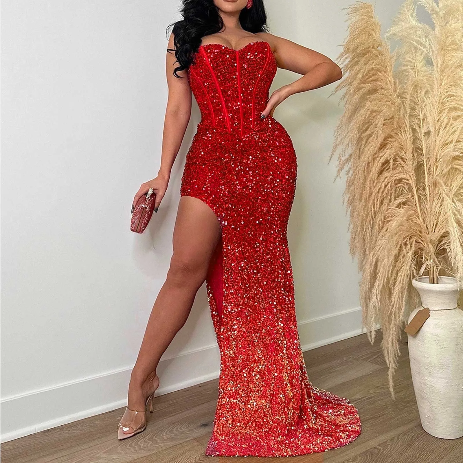 Formal Dress Off The Shoulder Mermaid Evening Dress Red Stretchy Sequin Velvet Slash Neck Floor Length Luxury Women Party Dress