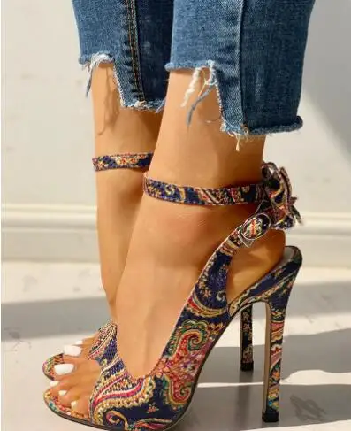 

Summer Blue Black Mixed Color Ethnic Printing Peep Toe Slingback Sandals Women Small Butterfly Knot Thin High Heel Leisure Shoes