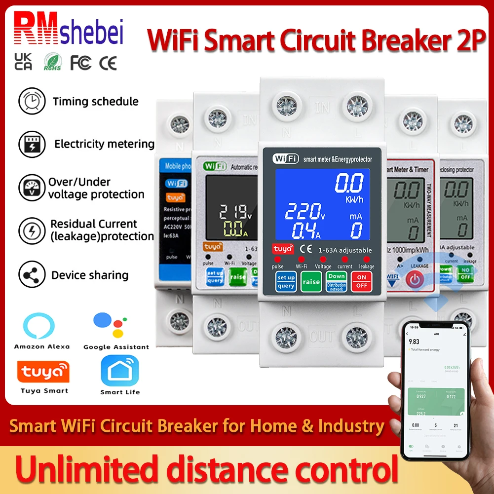 RMshebei SmartLife PV Circuit Breaker Tuya Voltage Relay 220V WiFi Over Current Leakage Protection Timer MCB 63A Power Meter110V
