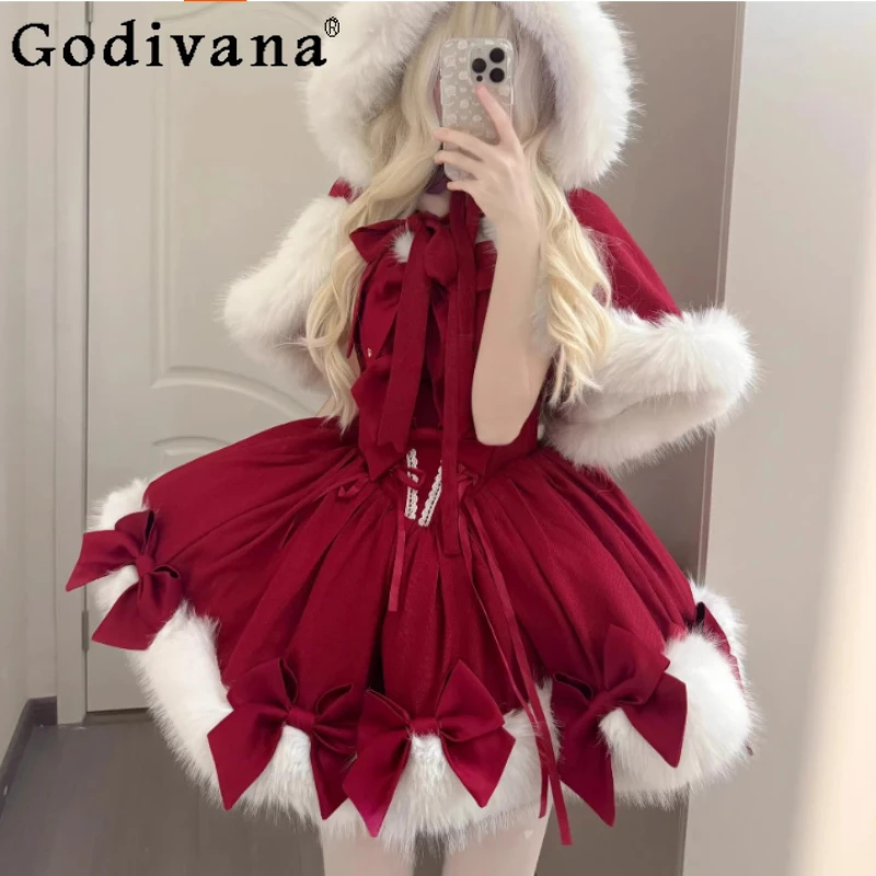 الشتاء سميكة لوليتا السنة الجديدة فستان عيد الميلاد الأحمر الحلو فتاة القوس شيك عالية الخصر ألف خط أنيقة فساتين حفلات الأميرة مجموعات