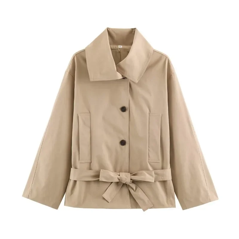 Cross-border Women's Clothing  European and American  Popular Spring and Autumn Fashion Temperament Casual with Belt Trench Coat