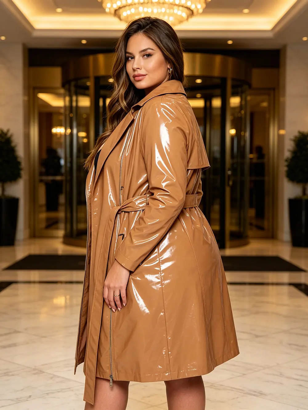 New Women's Patent Leather Trench Coat Shiny PVC Long Overcoat with Belt Asymmetric Zipper Camel Colour Trendy Elegant Outerwear