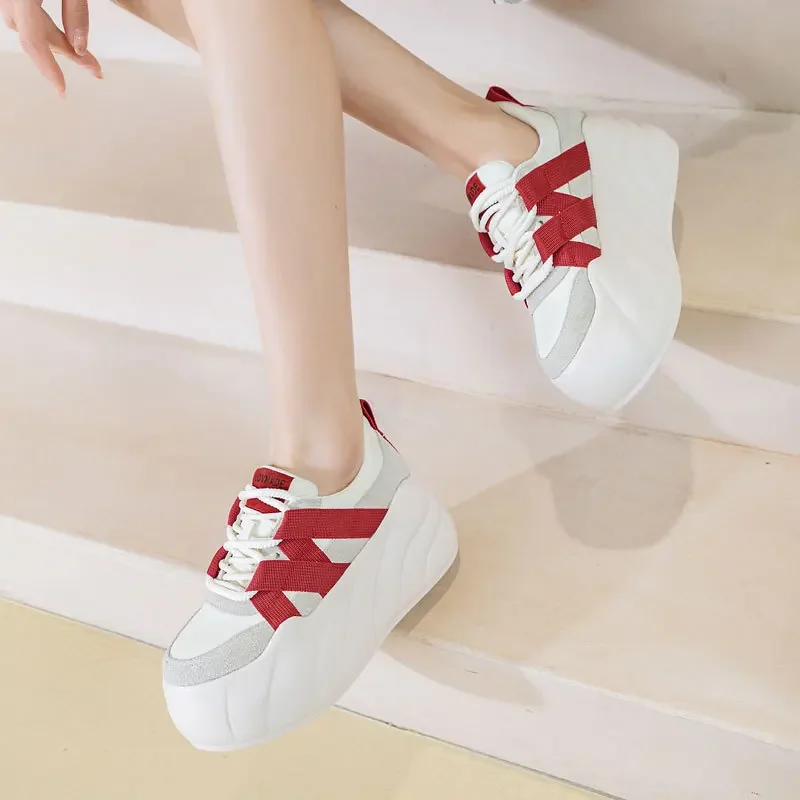 Sepatu Sneakers Chunky Platform tinggi stabil wanita sintetis 8cm Fashion musim semi musim gugur sepatu renda kulit sapi asli