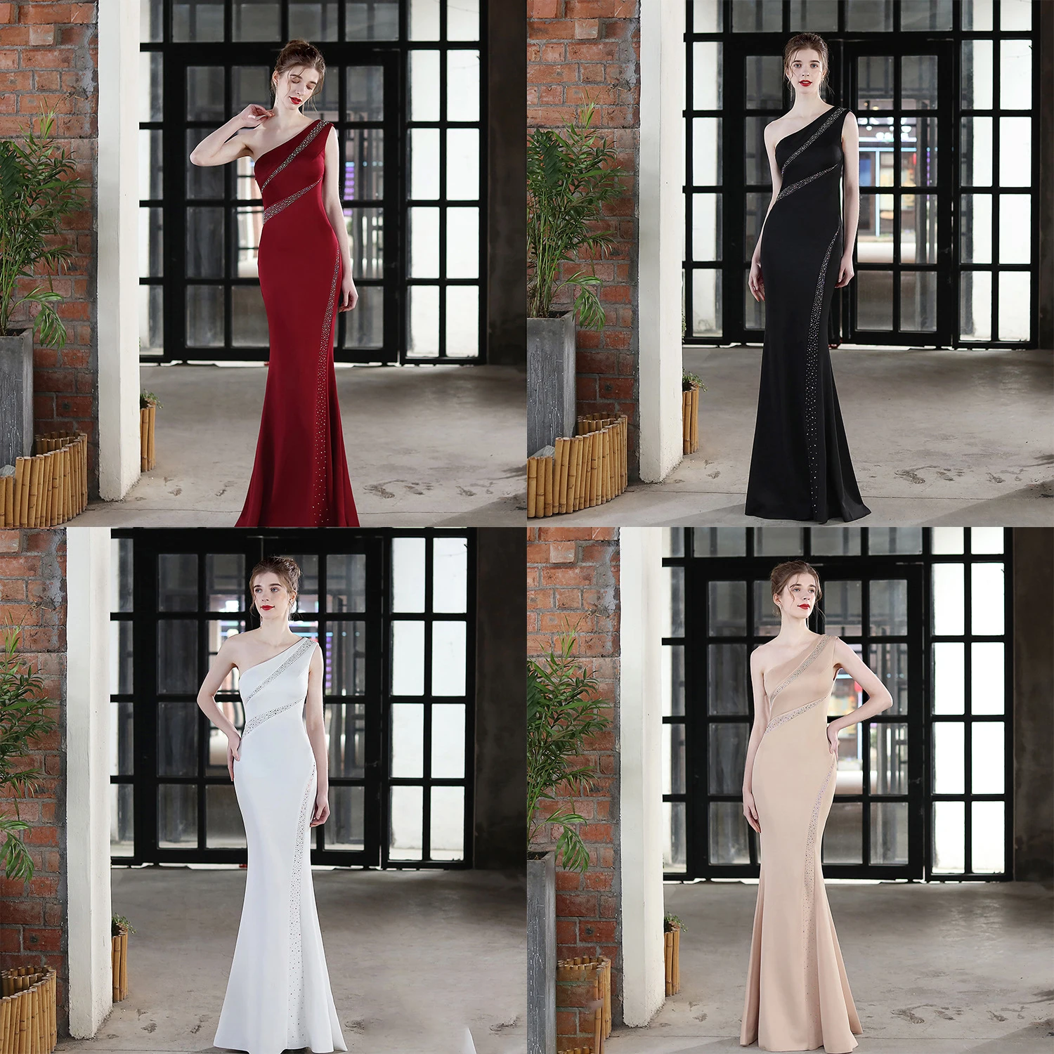 New One-Shoulder Slim Dress Women's Elegant Long Fishtail Dress With Diamonds To Host The Show Dress