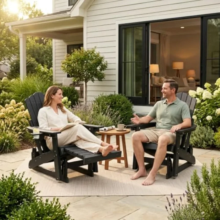 Adirondack Glider Chair with Retractable Ottoman, Adjustable Backrest for outdoor use, made of durable polywood in classic gray