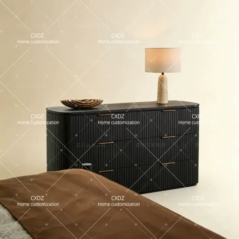 American Black Solid Wood Chest of Drawers with Metal Strip Handles Simple Style Storage Cabinet for Bedroom and Living Room