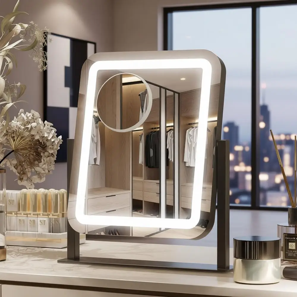 

LED Lighted Makeup Mirror 16x14 Inches, 5X Magnification, 3-Color Lighting, Touch Screen, Vanity Desk Tabletop Bedroom