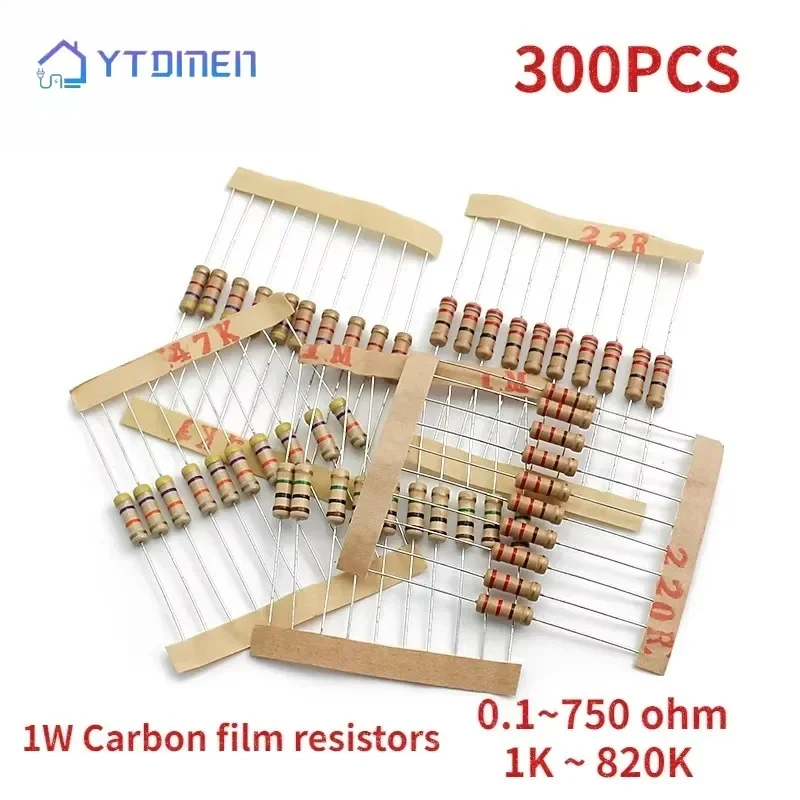 300pcs Resistor Assorted Kit 1W 30 Value*10pcs Carbon Film Kit 0.1R-750R/1K ~ 820K Resistors 5% Resistance 1K 10K 100K