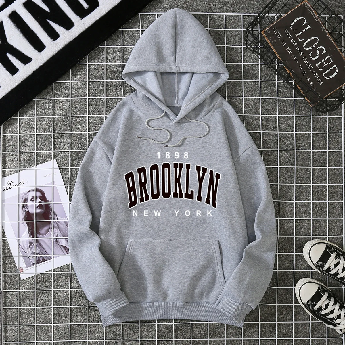 Autumn Winter Hot Sale Women's Brooklyn Printed Hoodie Streetwear Clothing Loose Couple Hoodie Sweatshirt