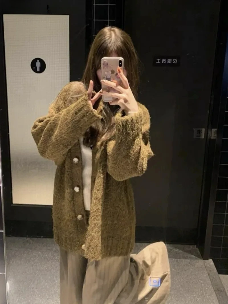 

Кардиган женский однотонный однобортный простой корейский модный вязаный универсальный свободный осенний свитер с v-образным вырезом верхняя одежда мягкий ленивый