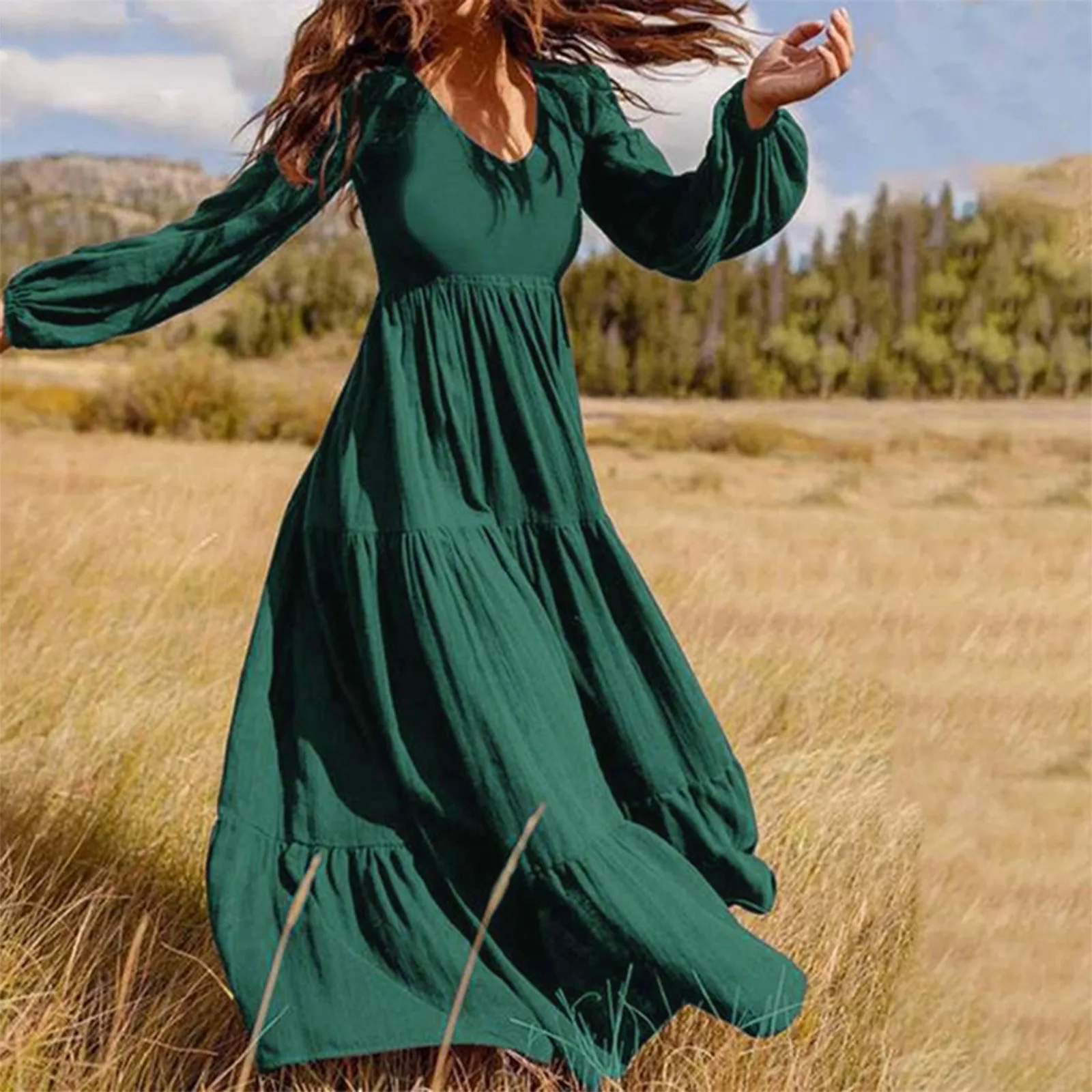 Women's Casual Dresses Elegant Classy Solid Color Long Sleeve V Neck A Line Ruched Maxi Dress Vintage Black Dress платья женское