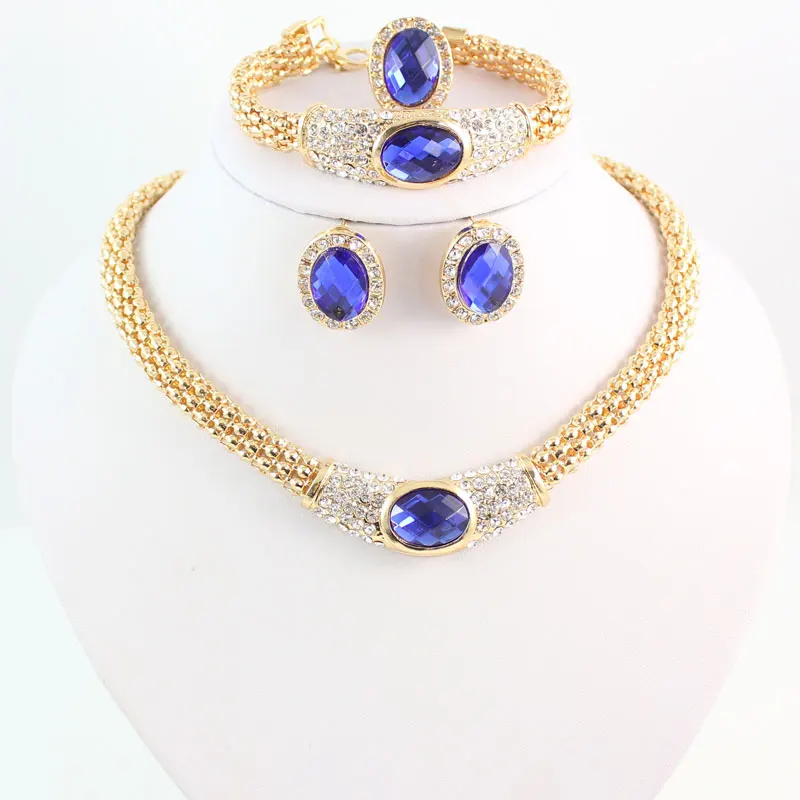 Women Gold Color Chain Choker Crystal Necklace Earring Bracelet Ring Bridal Christmas Gift Costume Jewelry Set