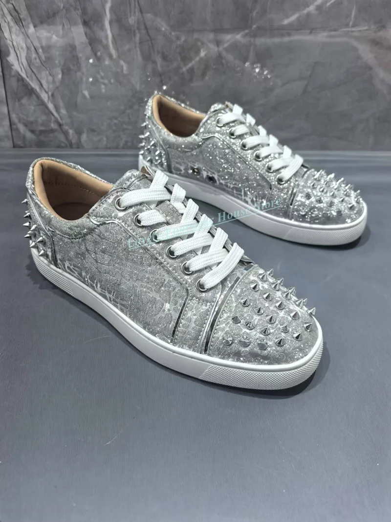 Child Men Woman All Have Loafer Shoes Spike Round Toe Spring Autumn Lace Up Breathable Female Male Daily Silver Single Shoes