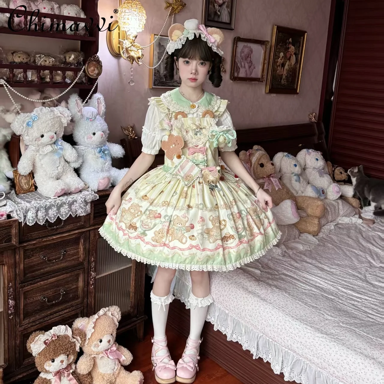 

Original 2025 Summer Clothes New Lolita Cute Strap Dress Sweet Cute Cartoon Print Bow Elegant Short Y2k Dresses for Women