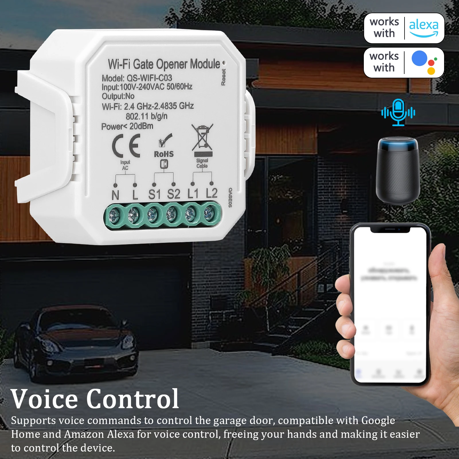 Tuya WiFi Garage Door Opener Controller Mobilephone Remotely APP Control Compatible with Alexa Google Home for Voice Control