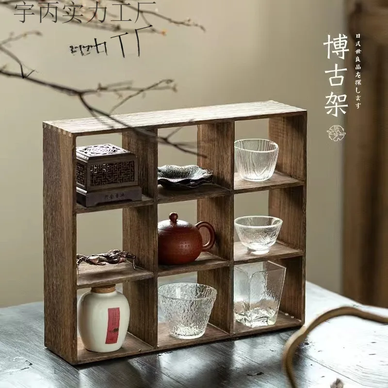 YFY solid wood teacup rack, teapot rack, Duobao grid tea set, handmade Jiugongge storage rack, Liugongge grid