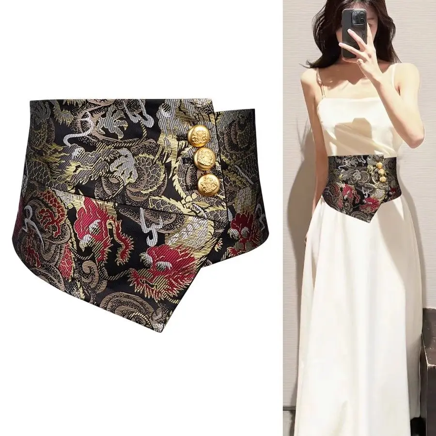 Black Brocade Dragon & Phoenix Waist Cincher Women Elegant Jacquard Obi Belt Gold Button Accents Vintage Corset Belt for Dresses