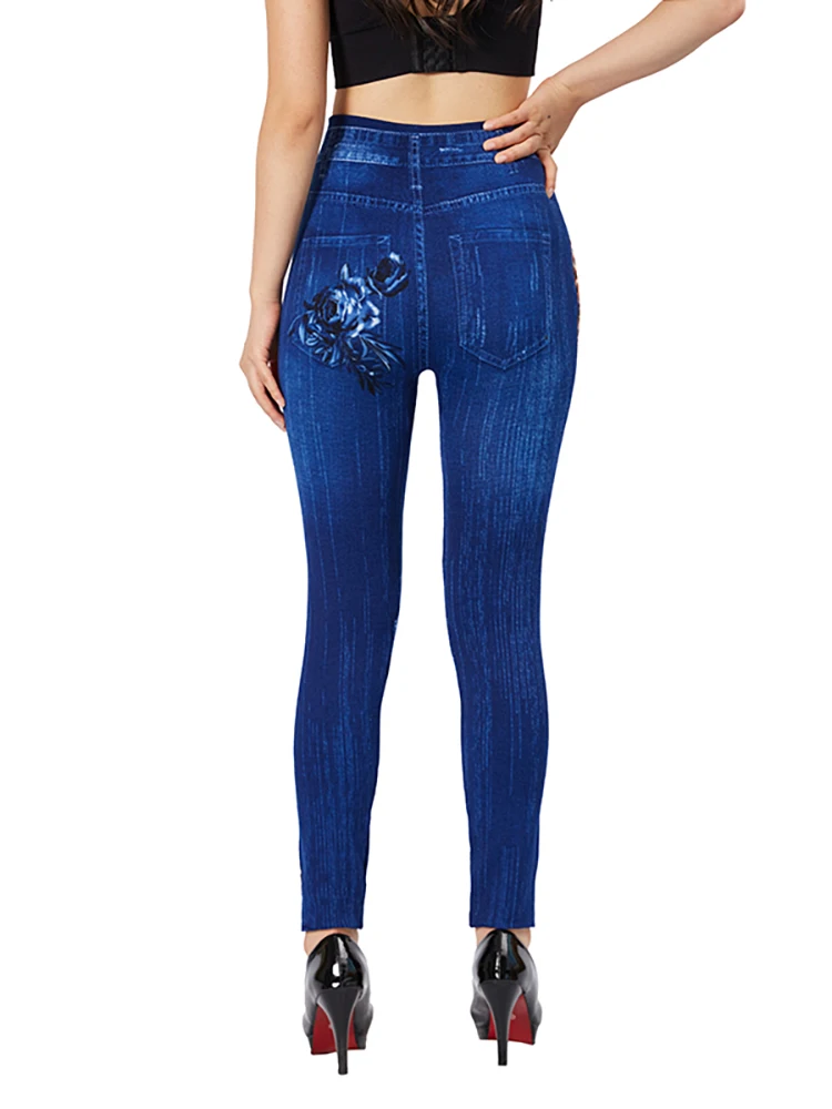 CUHAKCI Leopard Plum Blossom Print Fake Jeggings Women Slim Fit Pencil Pants Stretch Blue False Jeans Imitation Denim Leggings