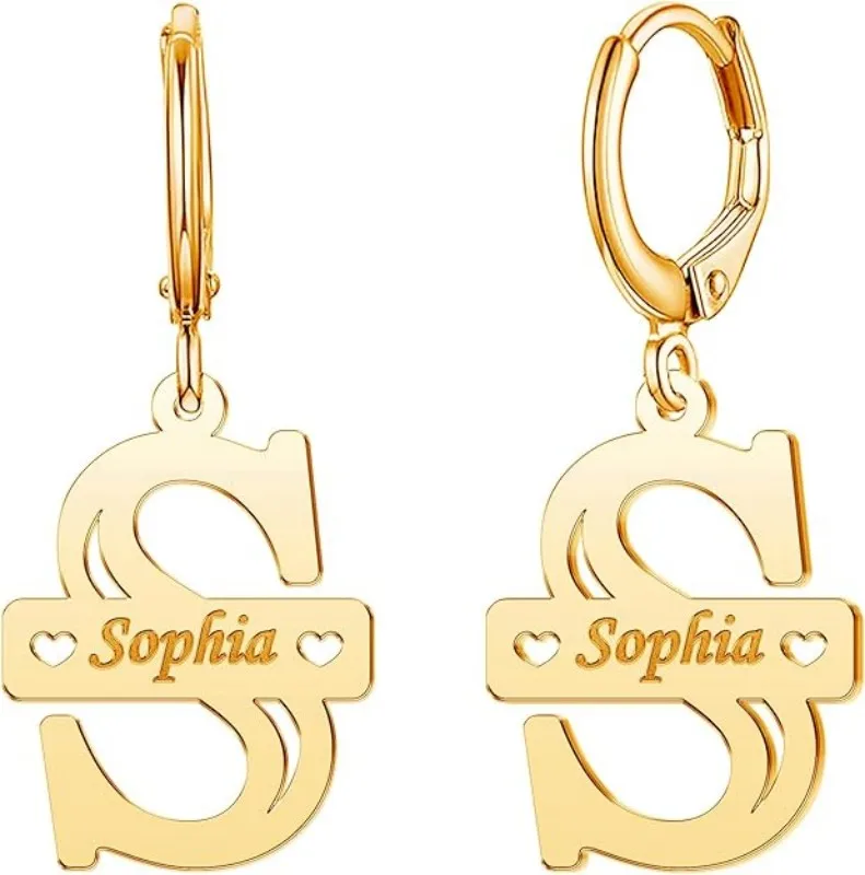 

Custom Initial Name Earrings Stainless Steel Engraved Name Earrings Personalized Initial Name Earrings Women's Jewelry