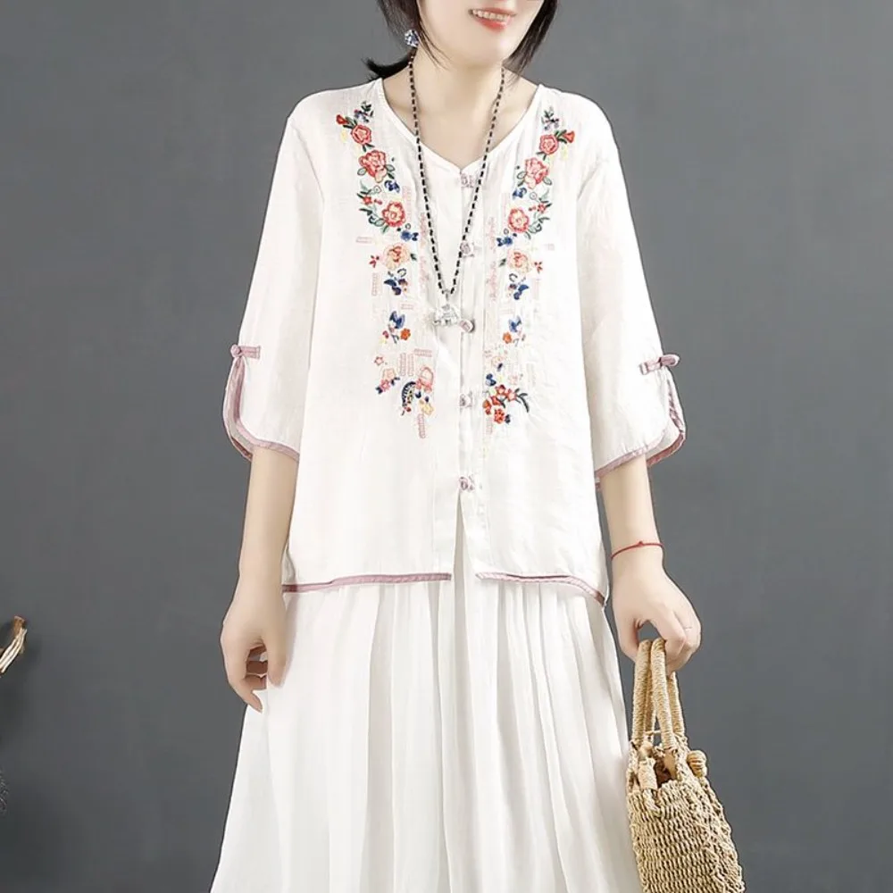 

Women's New Cotton Linen Shirt, Vintage Retro Frog Button Floral Embroidery Loose V-Neck Tea Blouse Top