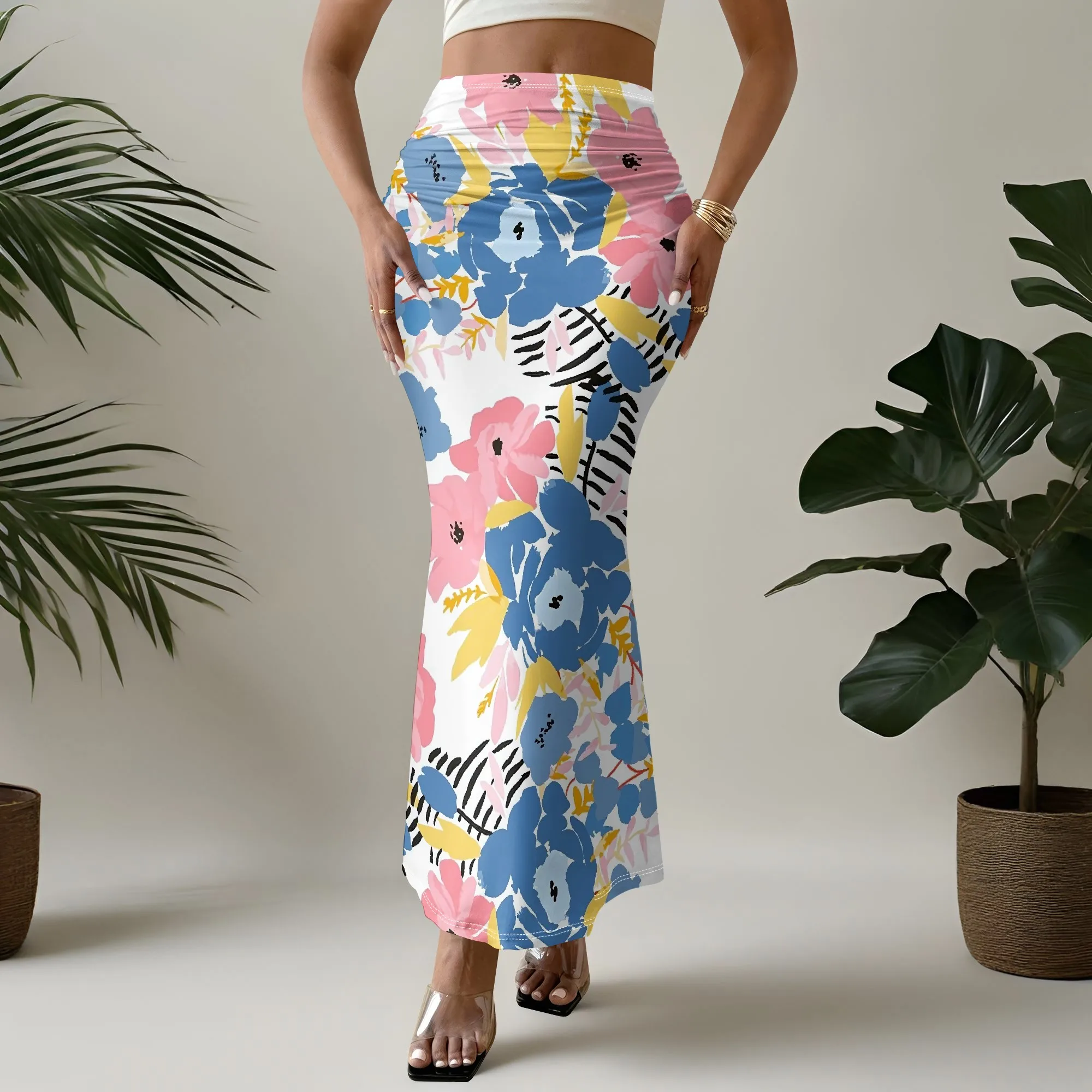 Floral Mermaid Skirt, Boho Print Maxi, High Waist Bodycon, Summer Beach Party Wear, S-2XL