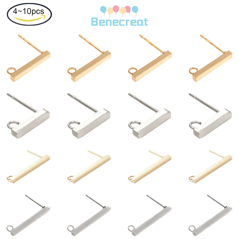 4-10PC 3 Sizes Ear Studs Stainless Steel Stud Earring Ear Nuts Rectangle Blank Earring with Loop for Earring Making