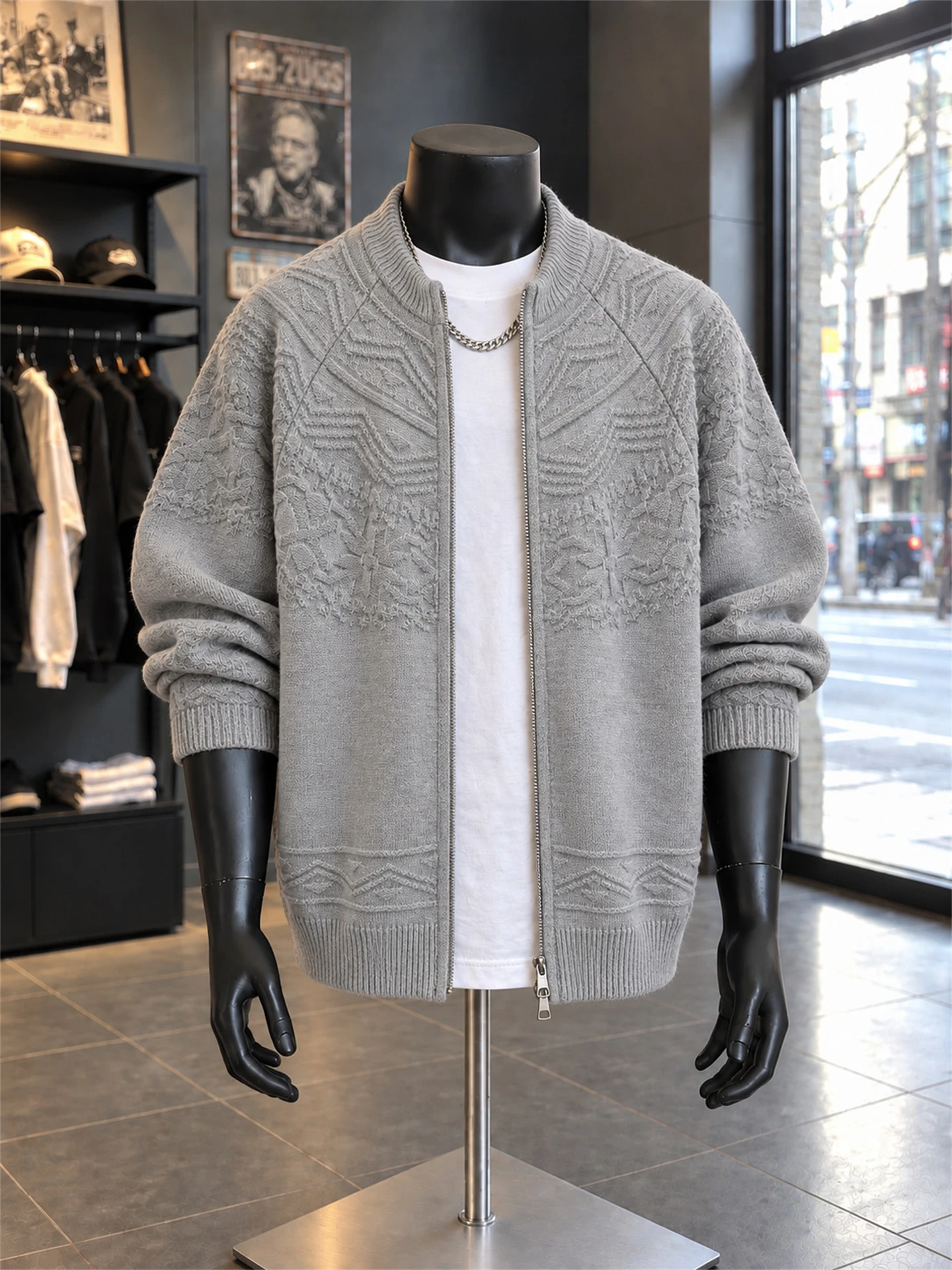 Men's Winter Knitted Cardigan Sweater Double Zipper Casual Loose Warm All-Match Marseilles Pattern Tissue Winter Outerwear