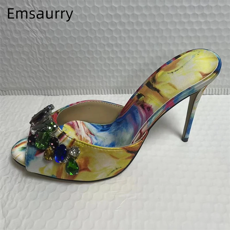 Colorful Satin 10cm Stiletto Heel Sandals Women Rhinestone Jeweled Diamond Decor Slingbacks Summer Mules