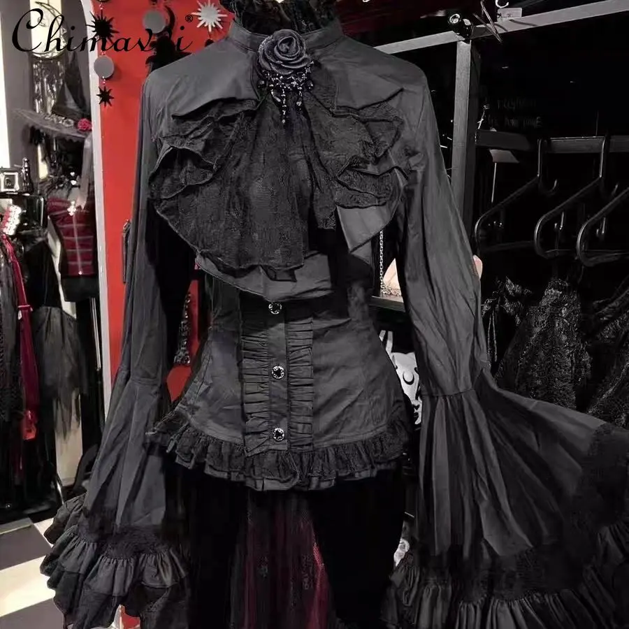 

Готическая Лолита Ведьма Рубашка с длинным рукавом Весна Осень Новая субкультура Панк Темная девушка Slim Fit Элегантная блузка Cos Женская внутренняя одежда