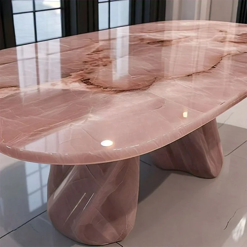 Natural Modern Luxury White Marble Dining Table Eco-friendly KT Stone Rectangular Edging Polished Surface For Hotel Villas