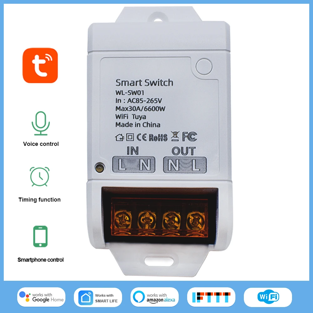 4000W/6600W Tuya WiFi and Voice Control Smart Relay Module AC 85-250V Max 30A Work with Alexa Google Home