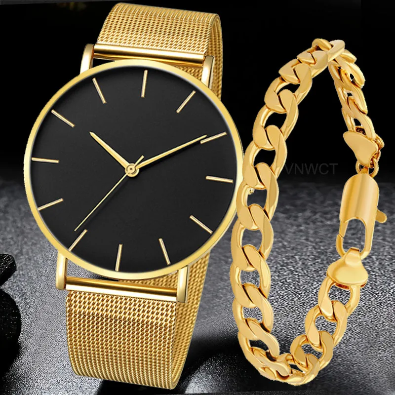 

Fashion Men Watch Hey Ha Style Chain Bracelet Set Ultra Thin Quartz Watch Men Casual Slim Mesh Steel Waterproof Sport Watch