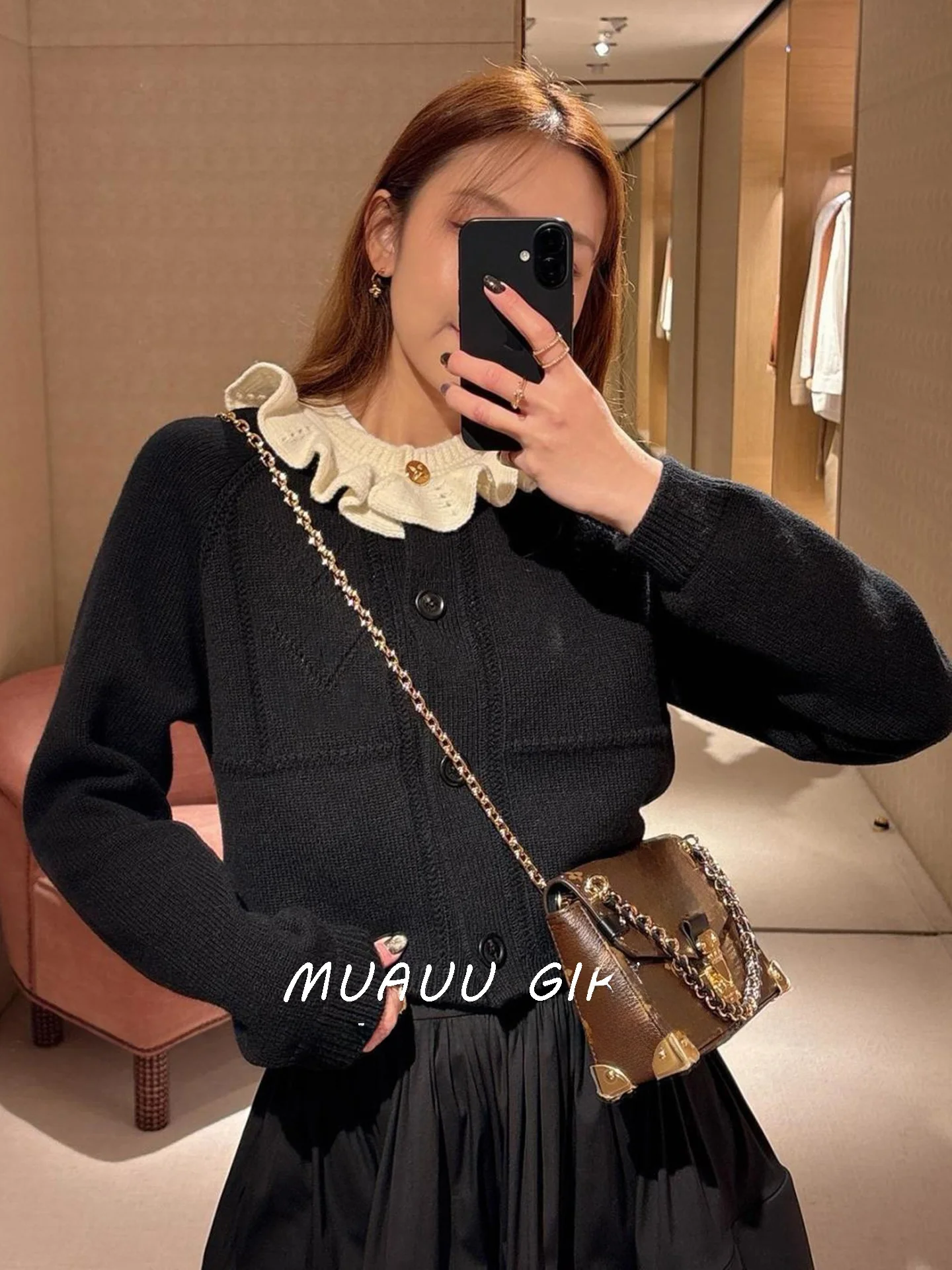 

MUAUU GIRL Элегантный вязаный кардиган с длинными рукавами и кружевным воротником, мягкий шерстяной бленд, лето 2026