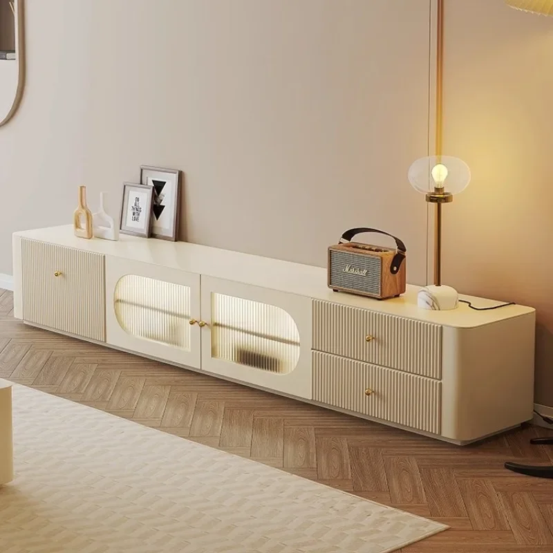 

Cream wind TV coffee table combination simple modern French solid wood milk white TV cabinet floor side