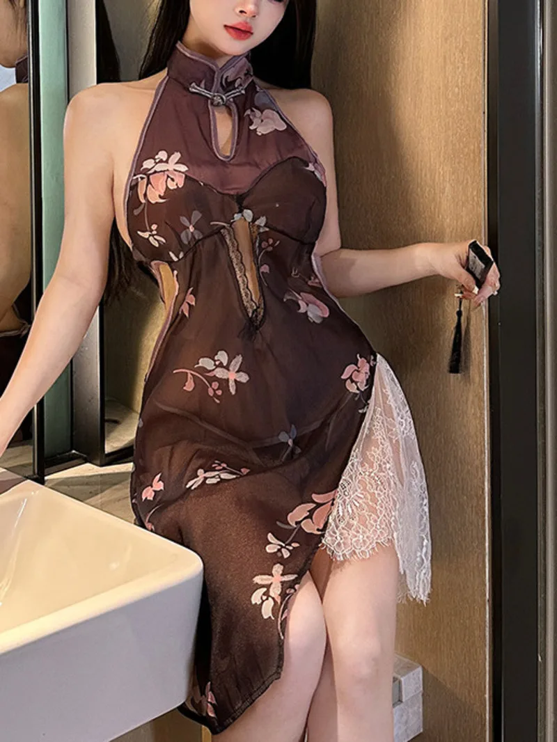 ชุดมินิ Retro ไม่สม่ําเสมอเซ็กซี่พิมพ์ดอกไม้ใหม่ Cheongsam ผู้หญิงร้อนชุดหวานลูกไม้ตาข่าย Sheer ผู้หญิงเสื้อ 8TFZ