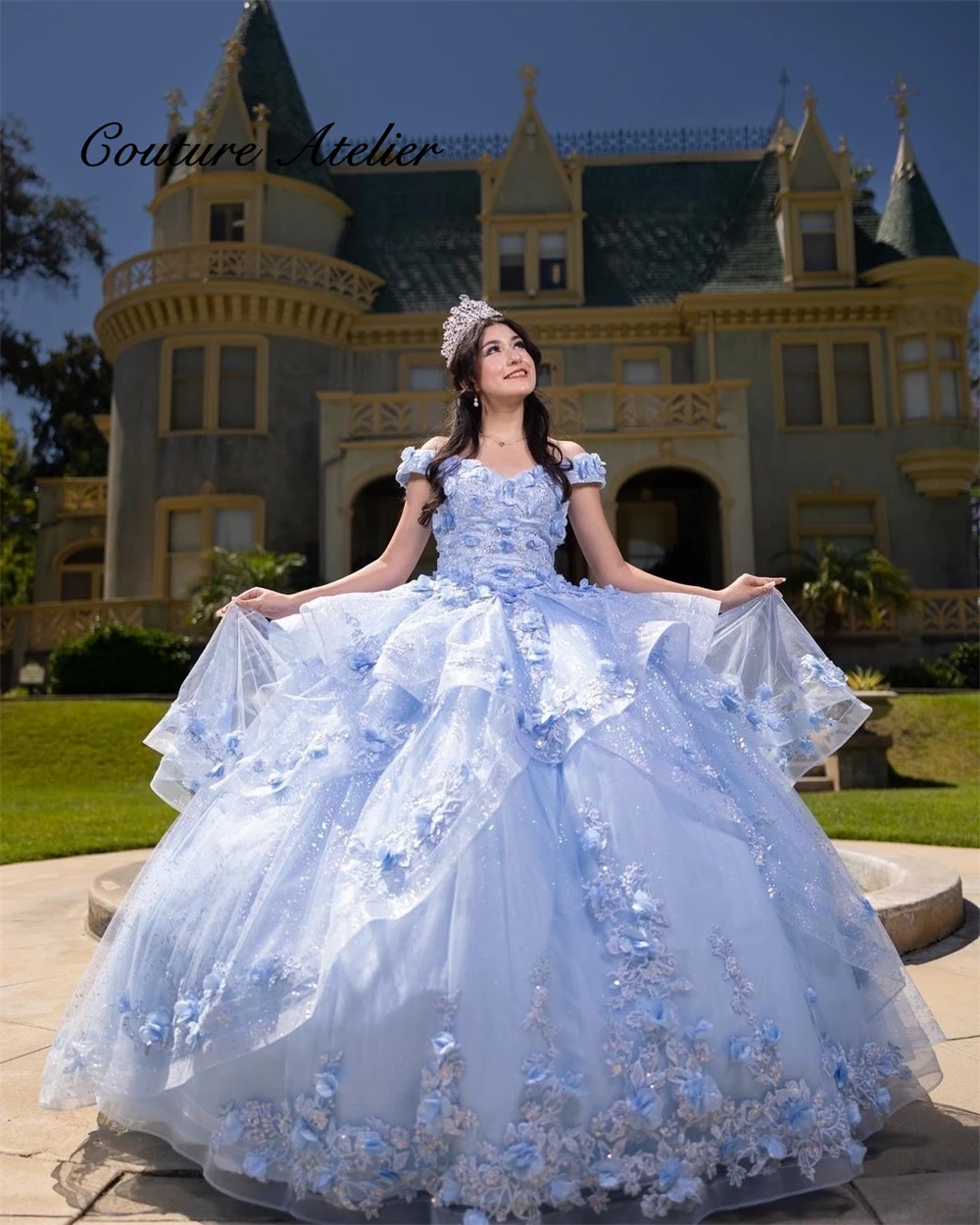 Ice Blue 3D Flowers Ruffels Corset Quinceanera Dress Ball Gown Luxury Off The Shoulder Sweet 15. Dress vestidos de 16 quinceañer