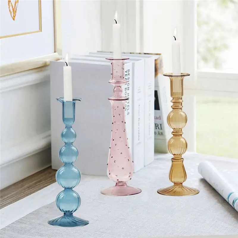 AEE3-Romantic Glass Candle Holder Vintage Glass Candlestick Hydroponic Transparent Vase European Style Gift