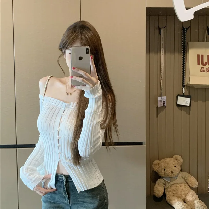 Slim Fit tricots perle bouton une épaule Design Ele Sle femmes Faion automne hiver nouveauté couleur filles