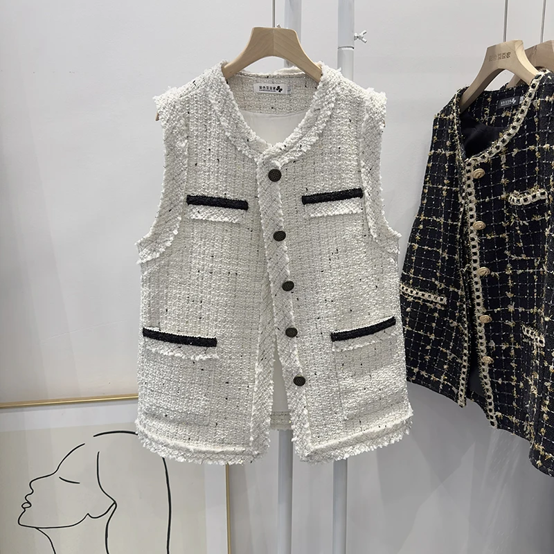 Autumn Winter New White Coarse Tweed Fragrant Style Sleeveless Vest Round Neck and Double Pockets Frayed Edges