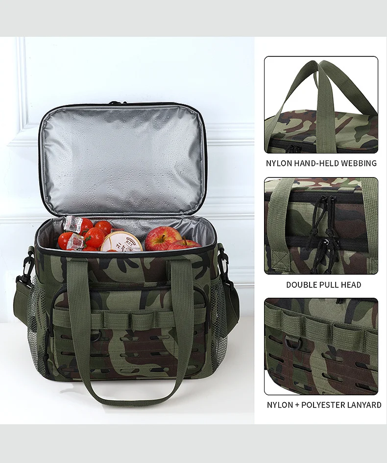 Tarnfarbene Outdoor-Picknicktasche mit doppelter Schicht, tragbare Isoliertasche, Camping-Lunchbag mit großem Fassungsvermögen, Outdoor-Kühltasche, Lunchbox – Detail 8