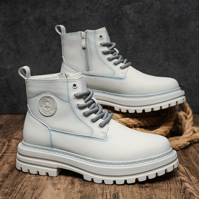 

Men's 2025 New Winter Black Casual High-Top Leather Boots Men's Thick-Soled Height-Increasing Sports Work Boots