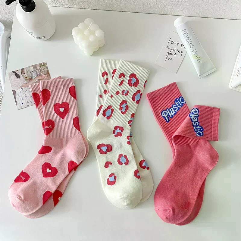 /HTF/New Heart Strawberry Sweet Love Girl Socks Women's Middle Tube Socks Cute Lovely Fruit Pink Cotton Casual Socks